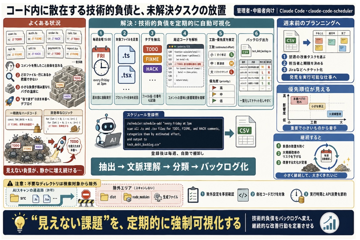 ソースコード内に散在している技術的負債や未解決タスクを整理し、計画的に解消していきたい