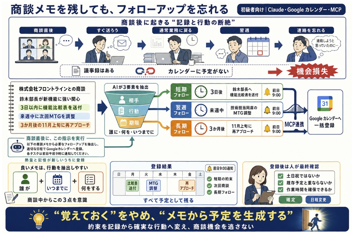 商談やミーティング後のフォローアップを、遅れず確実に対応できるようにしたい