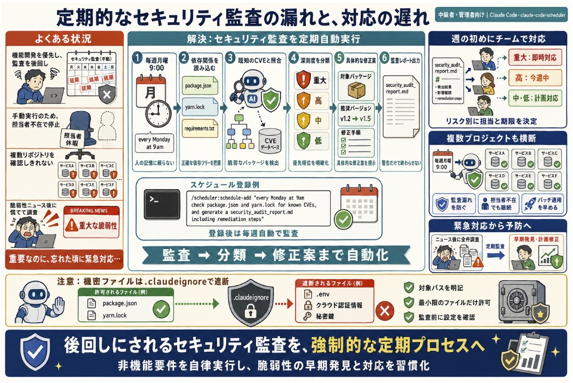 定期的にセキュリティ脆弱性を漏れなく監査し、迅速に対応できるようにしたい