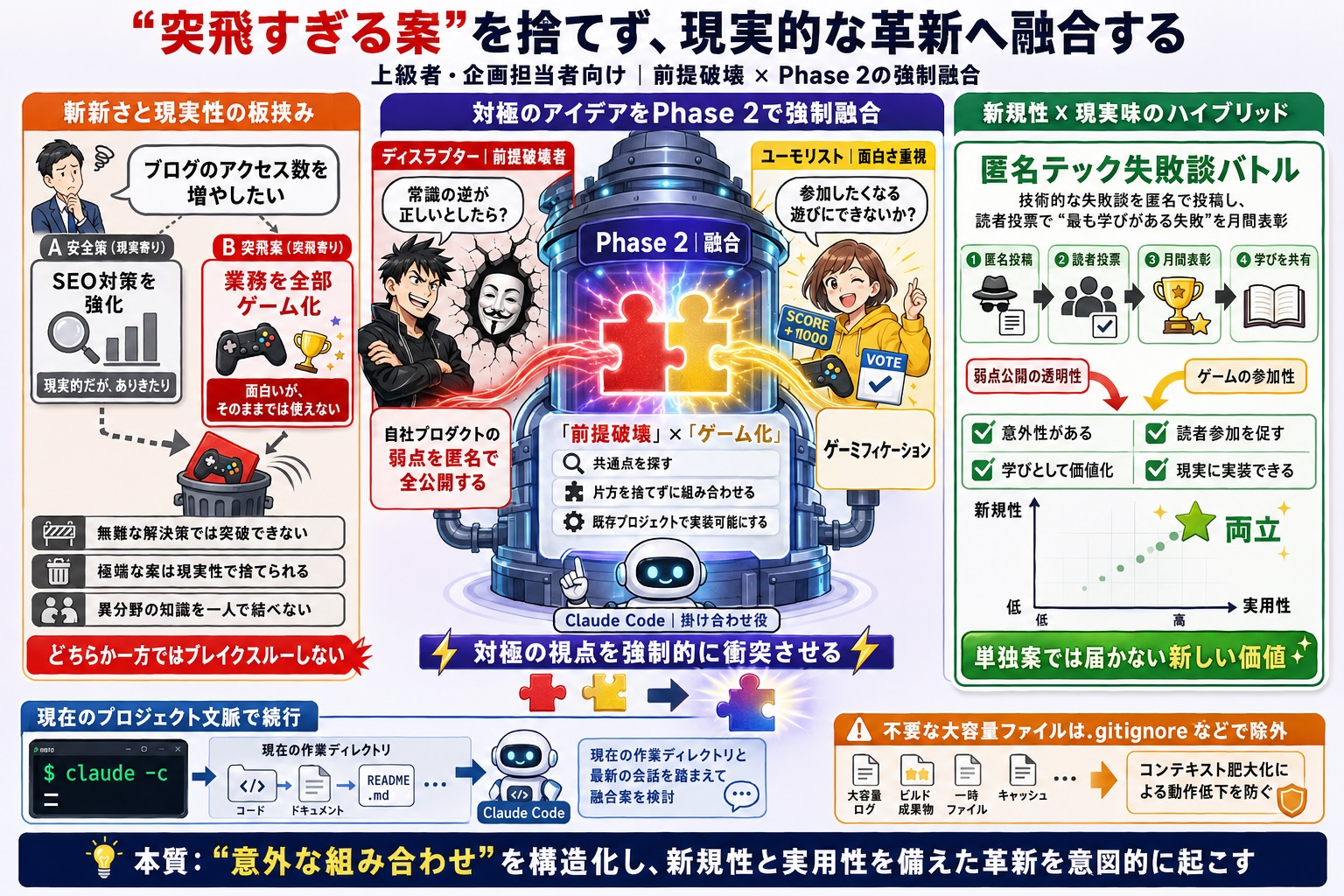 斬新なアイデアと現実的な制約の板挟みになり、画期的な解決策が生まれない