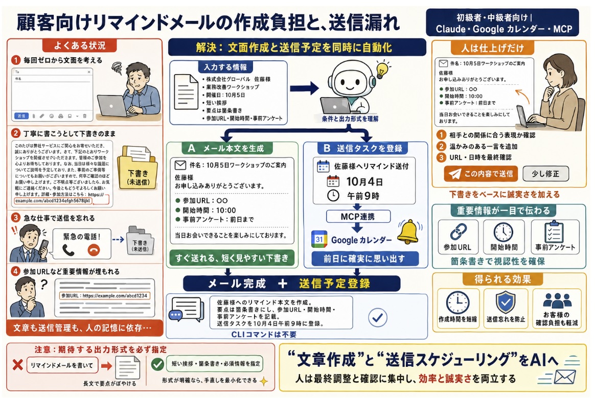 顧客向けリマインドメールの作成や送信の手間を減らし、送信漏れを防ぎたい